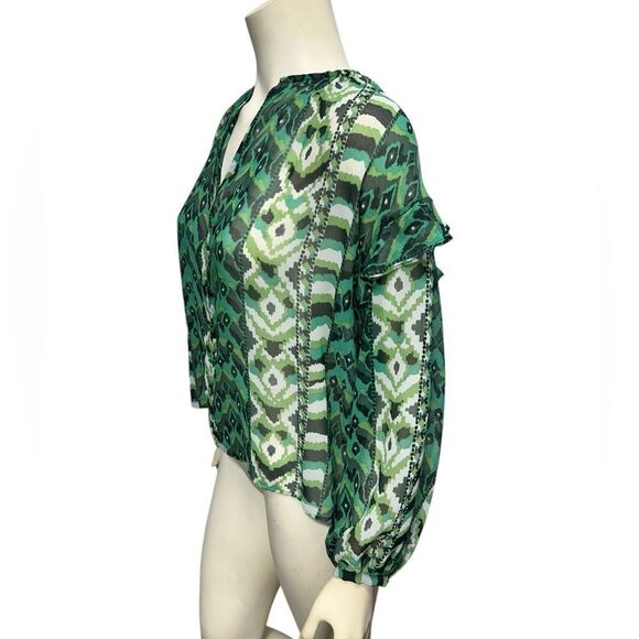 NWT Zara Green Printed Long Sleeve Blouse Ruffle Sleeves Size Small Vneck Top - Picture 2 of 7